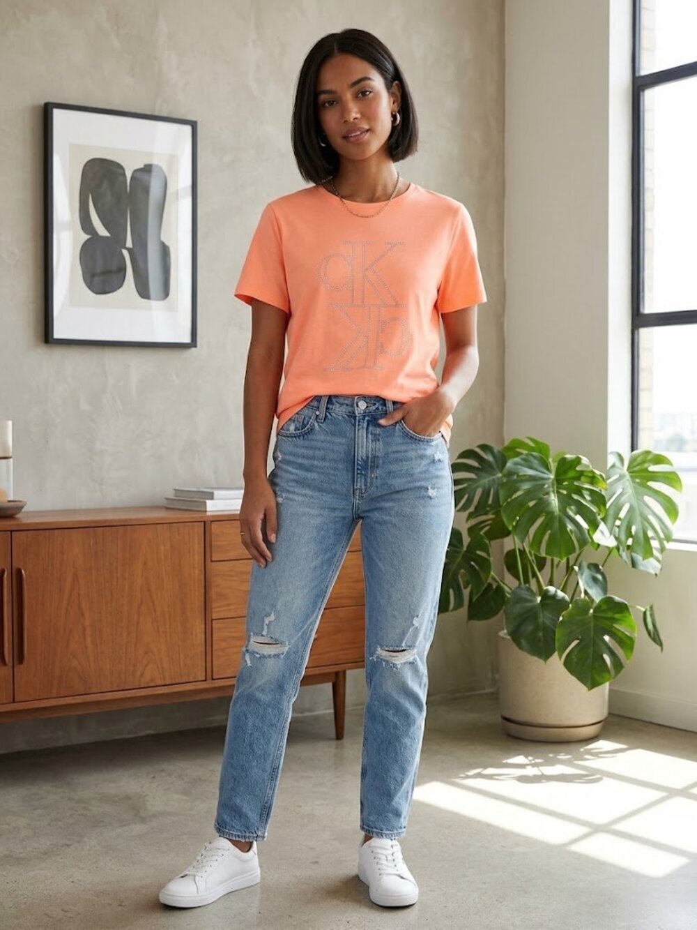 Calvin Klein CK Rhinestone Monogram Logo Graphic T-Shirt Coral Peach